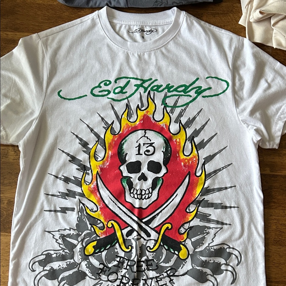 Ed Hardy White Tee with Skull and Flame Design